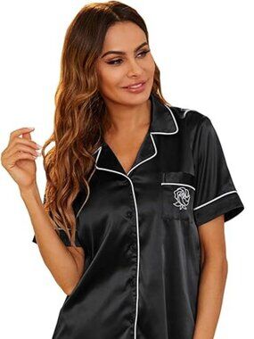 Womens Satin Pajamas Set Comfy Two Piece Pj Sleepwear Button Down Nightwear